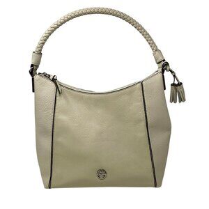 NWOT Gianibernini Ivory Pebbled Leather Braided Handle Zipper Hobo Logo Purse